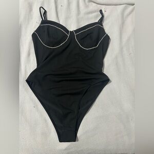 Black Bodysuit with Pearl Detailing